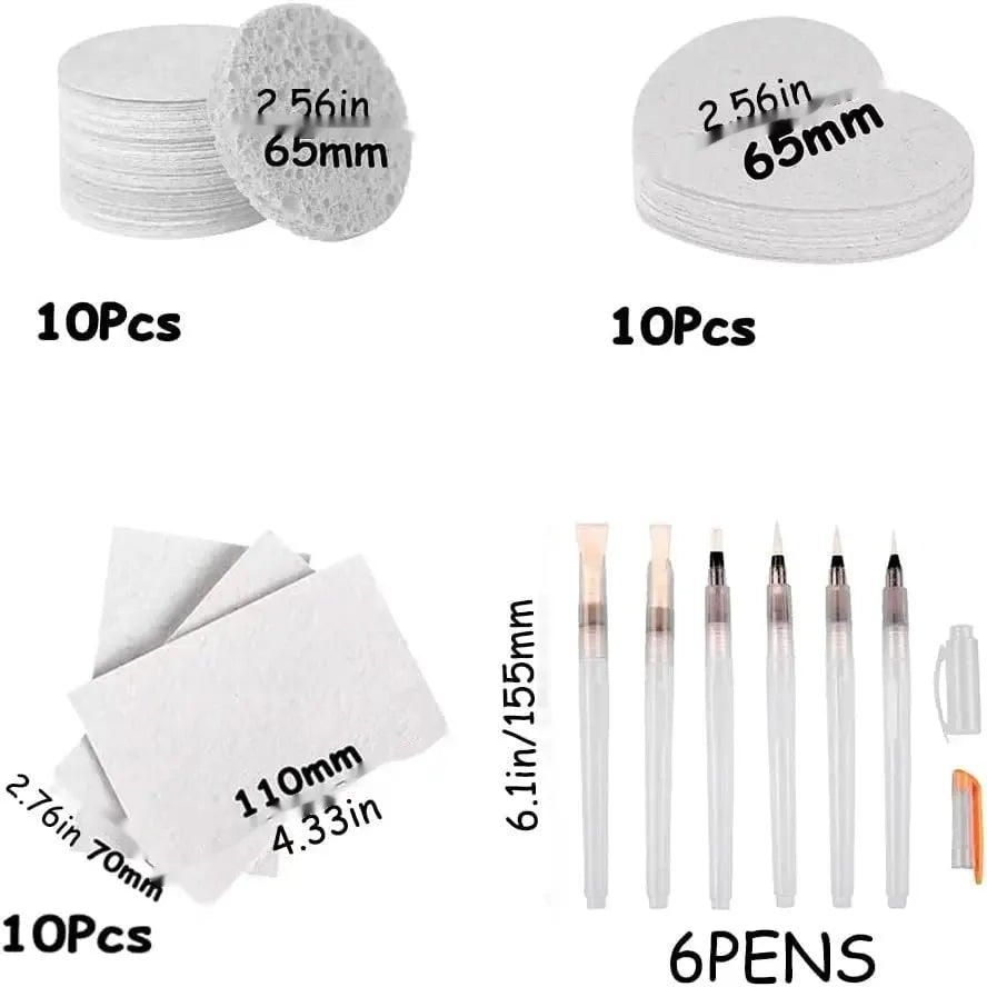 Six-pack cartoon painting sponge stamp set with heart, round, and square blanks plus fountain pens
