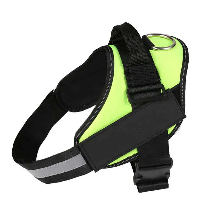 A reflective adjustable dog harness vest shown on a dog, with a handle and D-ring for leash attachment.