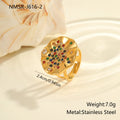 Geometric titanium steel ring with pleated band and coloured crystal inlays, open-mouth adjustable design