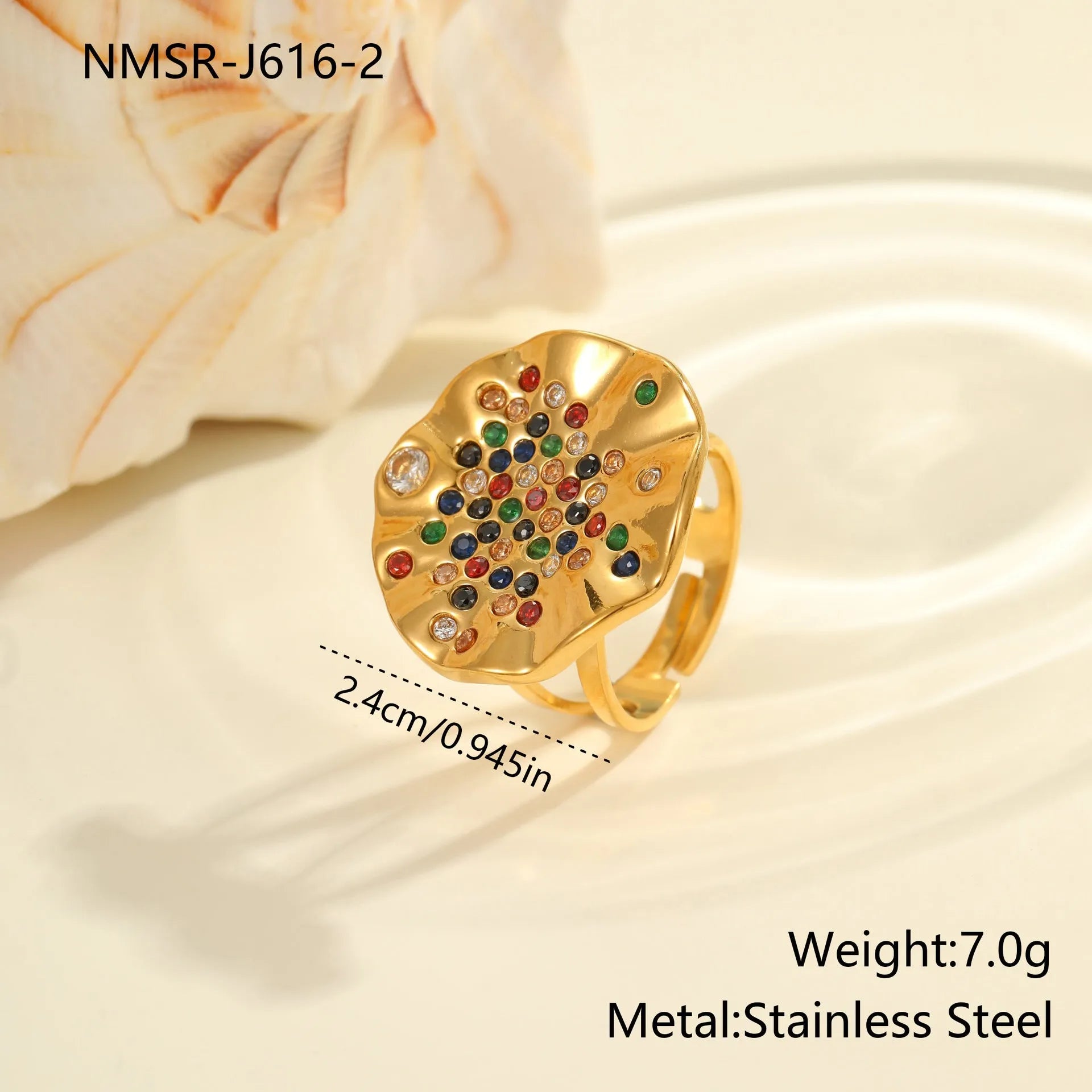 Geometric titanium steel ring with pleated band and coloured crystal inlays, open-mouth adjustable design