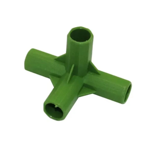 Two white plastic garden connectors, a three-way and a four-way joint, for 11mm plant support poles.