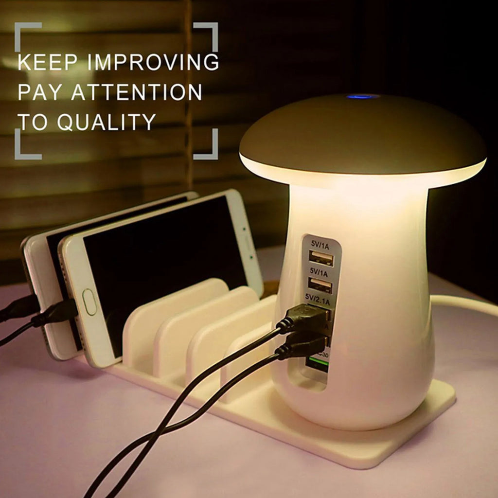 Besegad mushroom-shaped USB charging station with five ports and white LED light