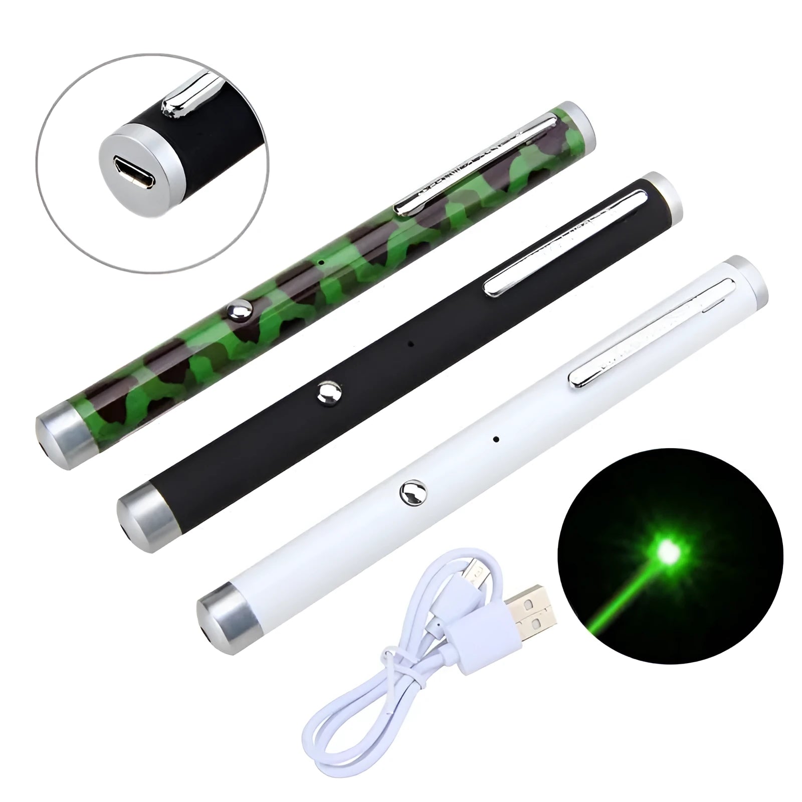 Set of three green laser pointer pens in black, white, and camouflage colours with 5mw output and long-range visibility.