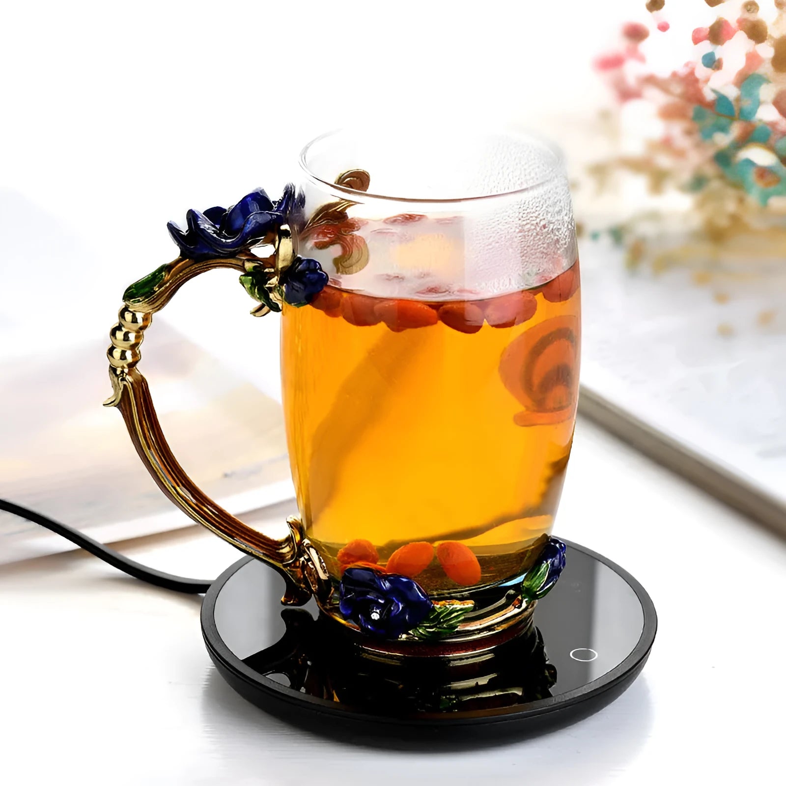 Black coffee mug warmer with temperature switch for office and home beverage heating
