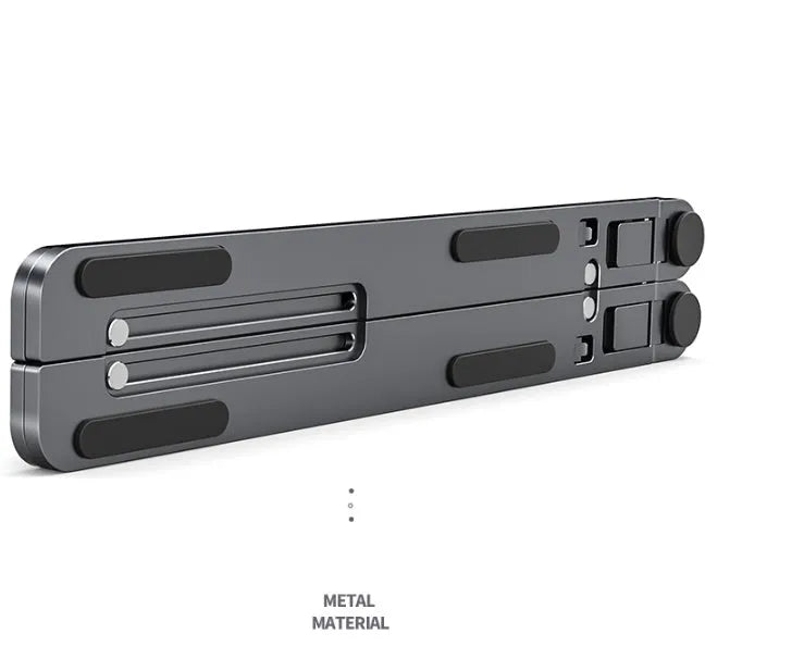 A folded aluminium laptop stand in silver next to an open laptop, demonstrating its compact size.