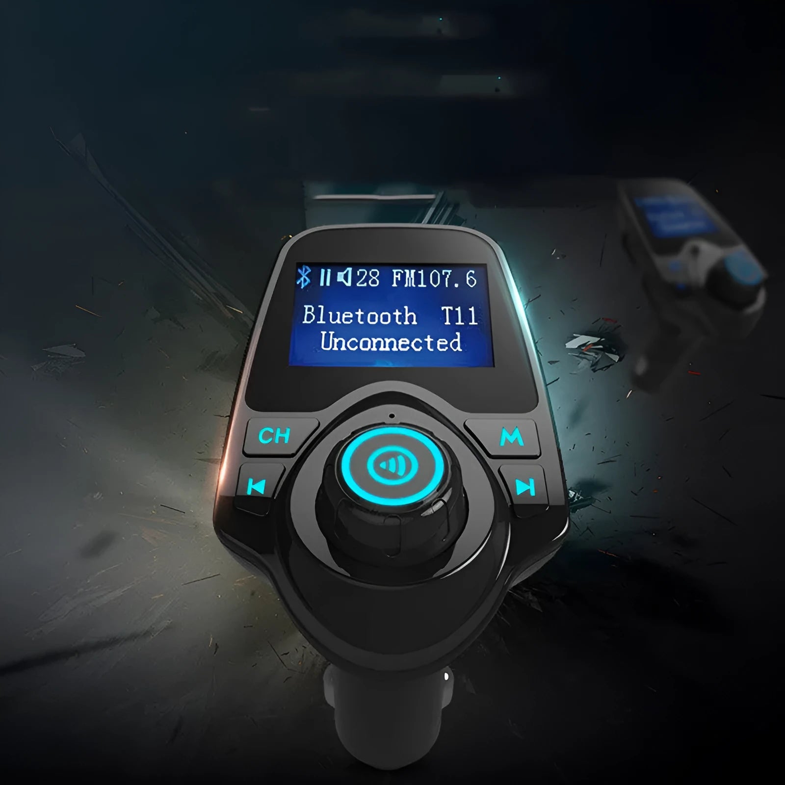 Black car Bluetooth FM transmitter and hands-free kit plugged into a 12V socket.