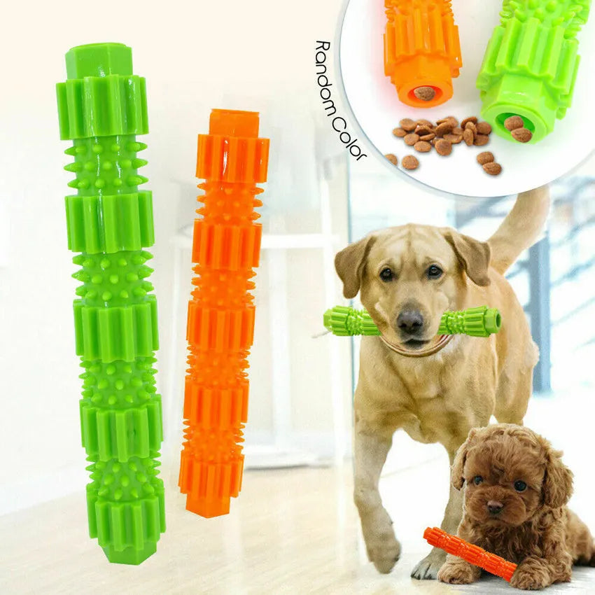 Green rubber dog chew toy with treat dispensing holes for aggressive chewers