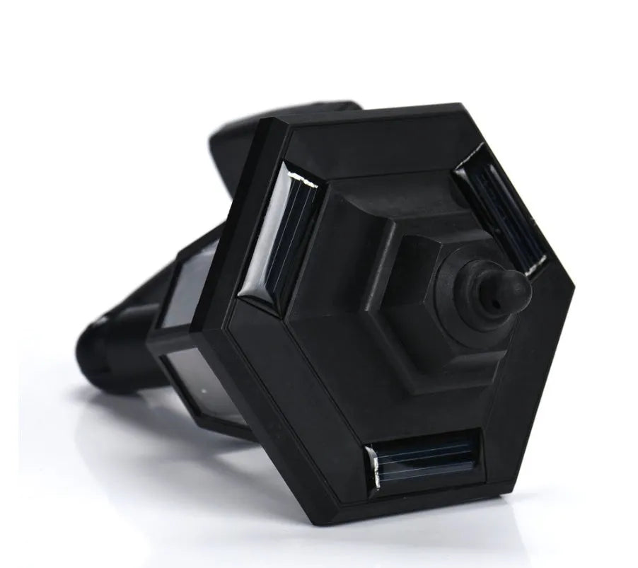 Black hexagonal solar-powered wall lamp with IP44 waterproof rating for outdoor garden lighting