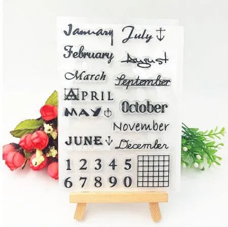 Transparent silicone calendar seal stamp with vintage digital table design for craft projects