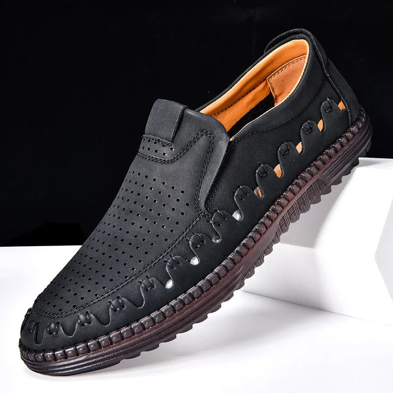 Men's brown leather slip-on casual shoes with round toe and flat PVC sole