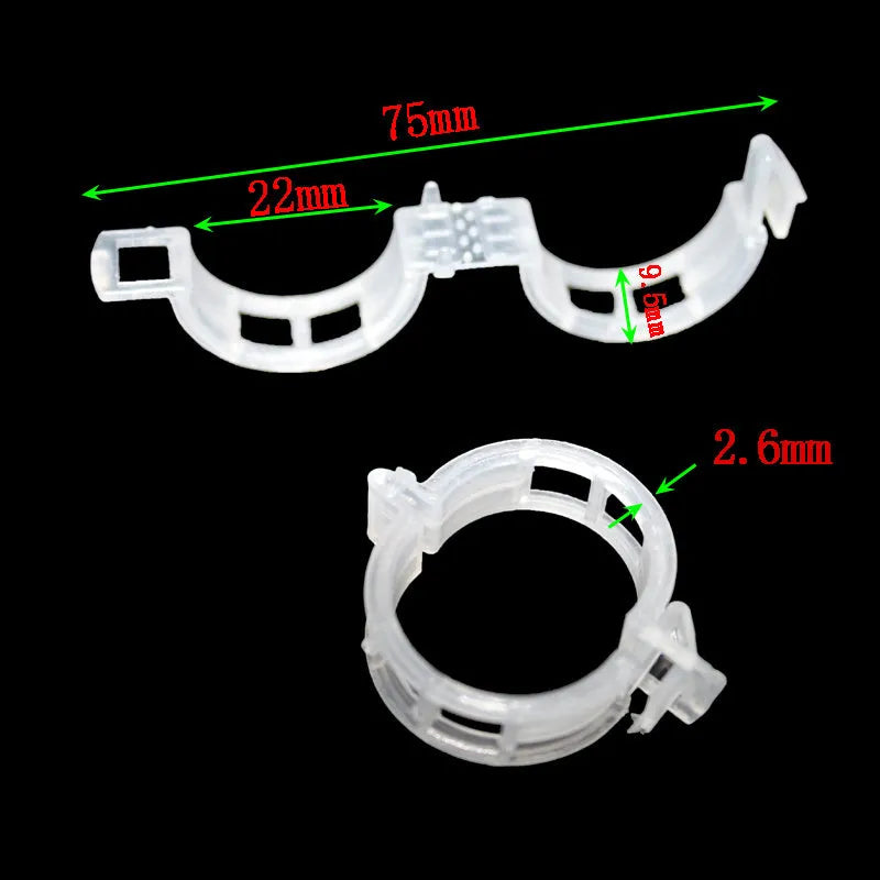 A pack of 50 plastic plant support and grafting clips for garden use.