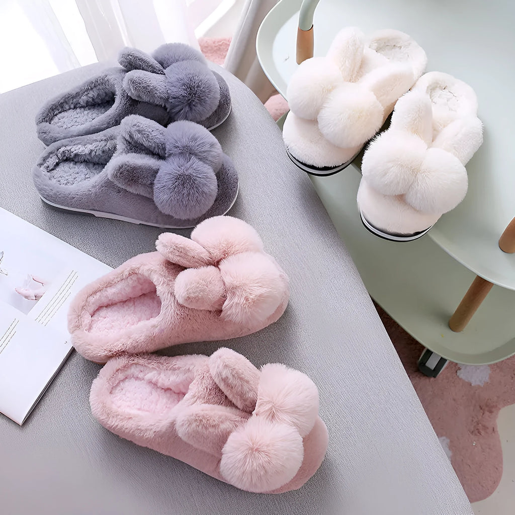 Women's fluffy rabbit fur slippers in pink with a high upper and sewn sole