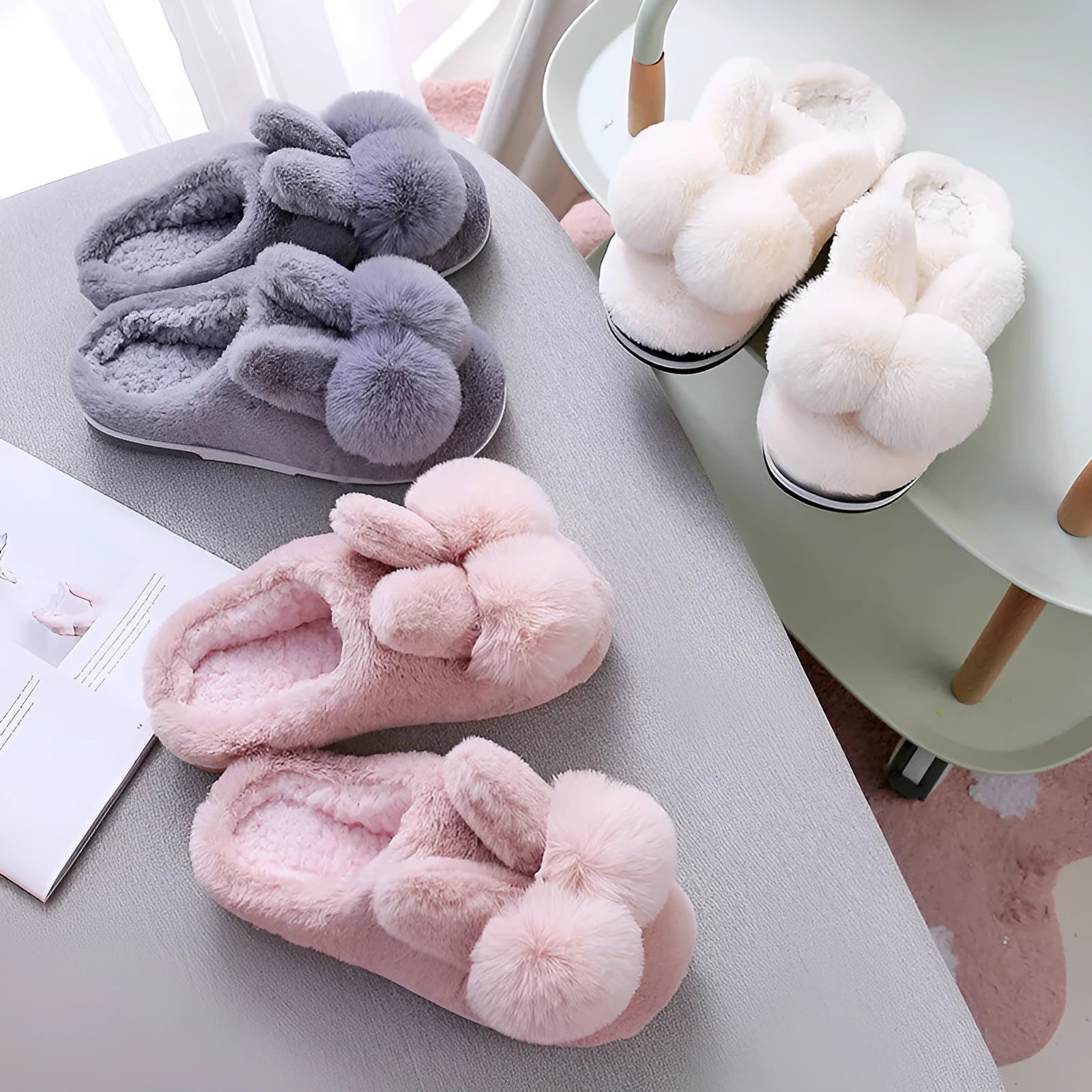 Women's fluffy rabbit fur slippers in pink with a high upper and sewn sole