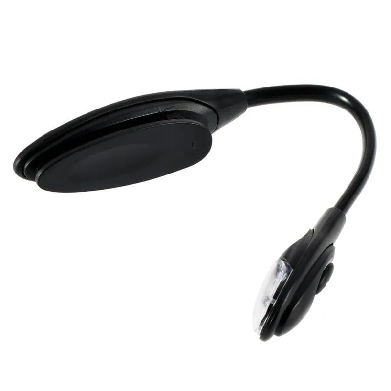 Mini clip-on LED book light in black with 26cm flexible neck and metal clip for attaching to a book