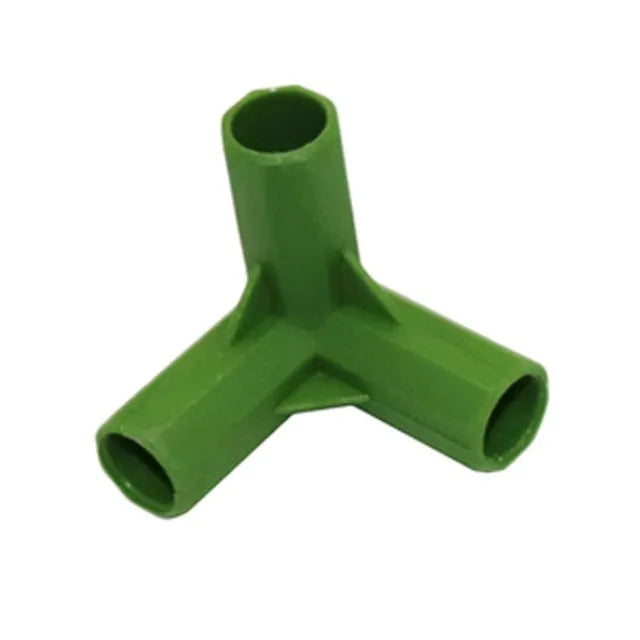 Two white plastic garden connectors, a three-way and a four-way joint, for 11mm plant support poles.