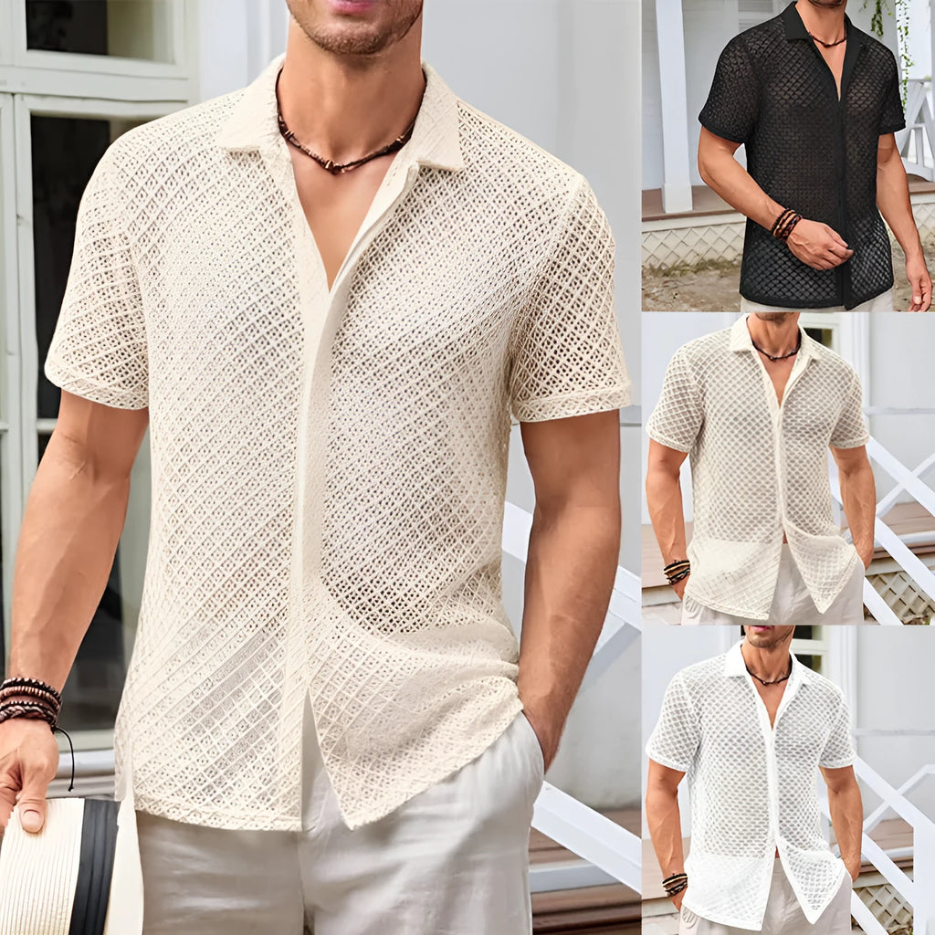 Man wearing a solid colour short sleeve lapel collar casual shirt