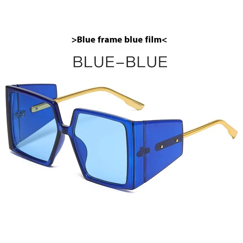 Large square frame sunglasses in seven colours: black, blue, champagne, green, hawksbill, orange, and white.