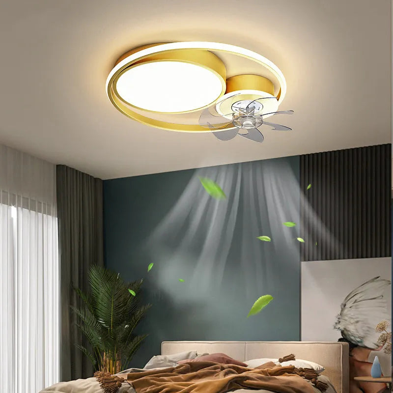 Nordic-style ceiling fan lamp with light, showing metal blades and acrylic shade in black finish.