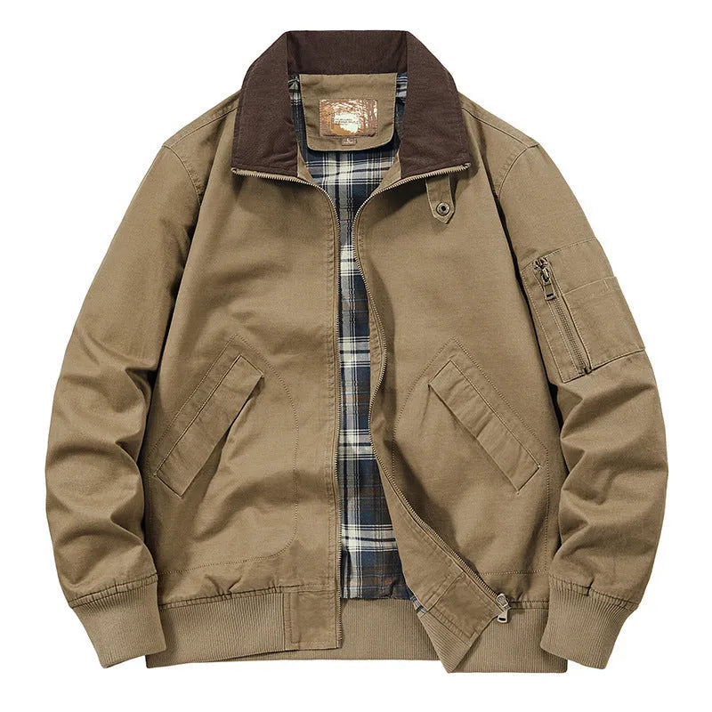 Men's plus-size washed cotton baseball flight jacket in Army Green