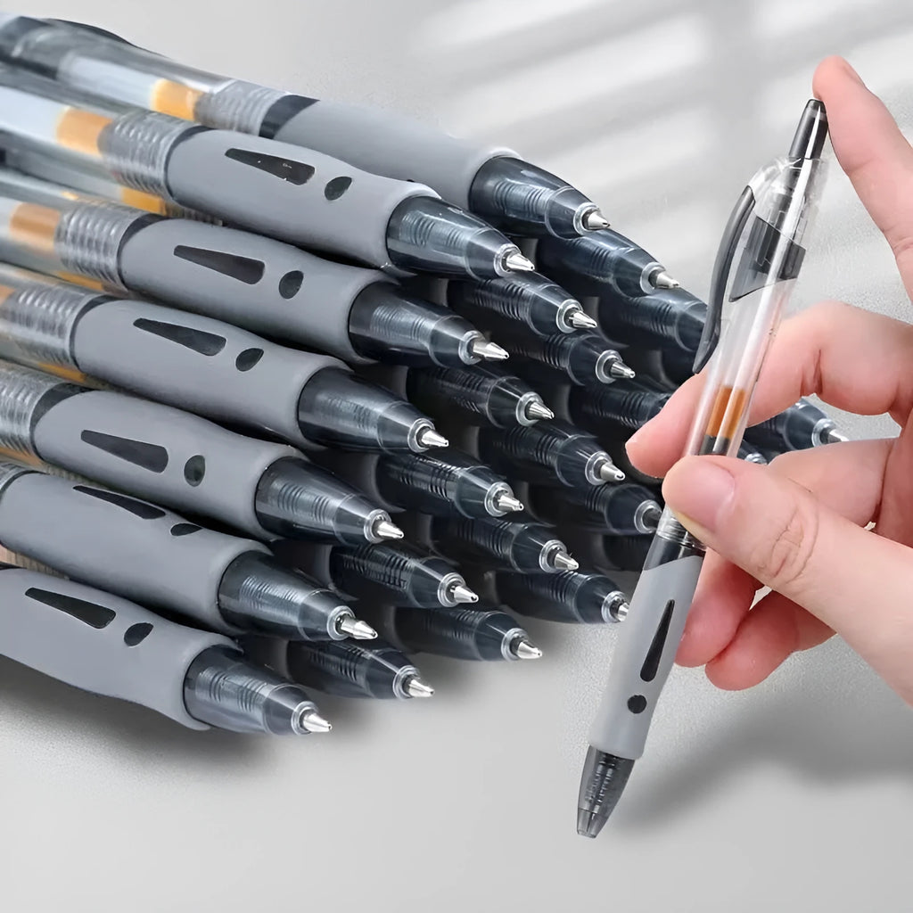 A single 0.5mm fine point gel pen in plastic casing, shown with black, blue, and red ink colour options.