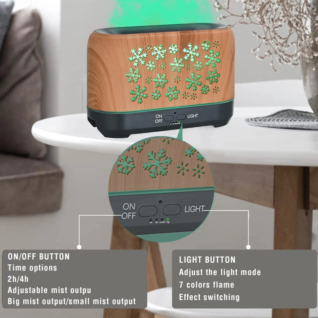 Square Christmas snowflake pattern aromatherapy diffuser with colourful flame effect lighting