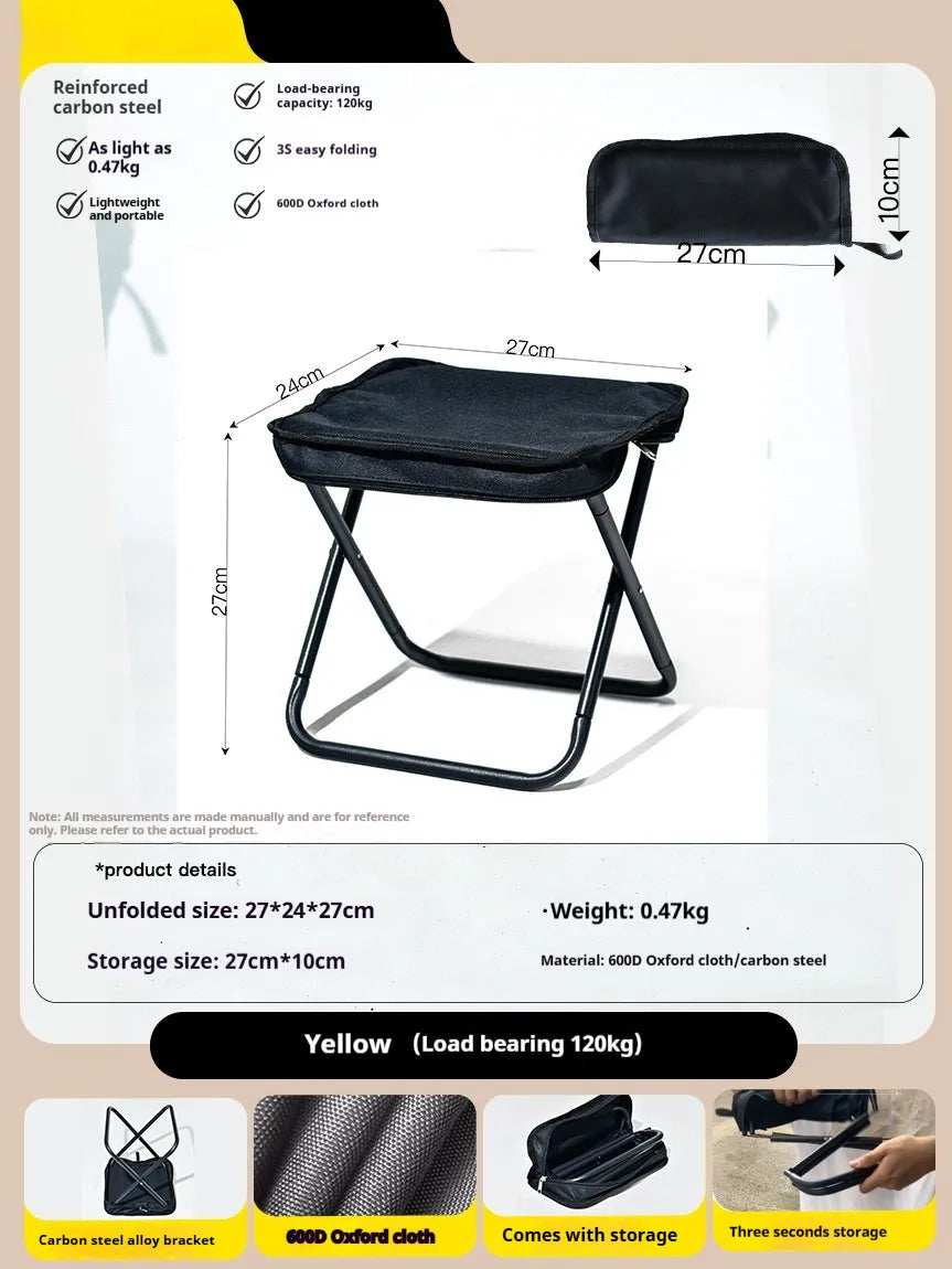 Lightweight foldable camp stool in Oxford cloth, shown in a khaki colour, folded for carrying.
