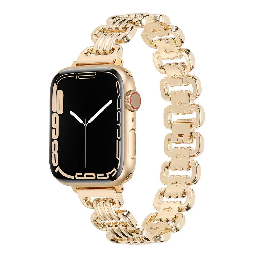 Alloy metal Apple Watch replacement band in silver, black, gold, rose gold, and starlight colours.