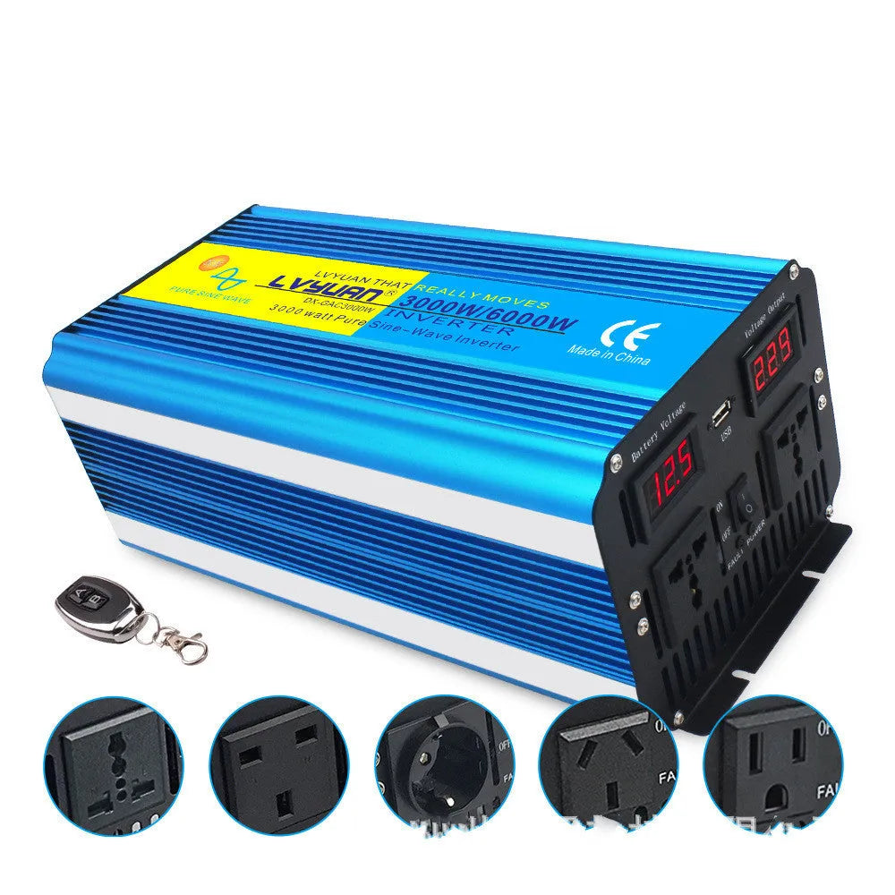 Blue 3000W pure sine wave power inverter with digital display and UK socket, remote control included.