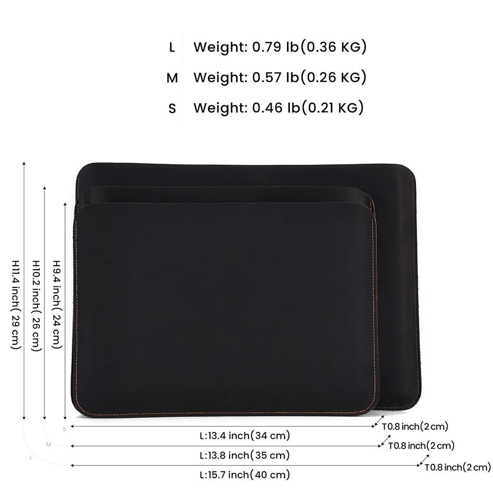 Genuine crazy horse leather computer organiser liner bag for men in brown, showing medium and large size options.