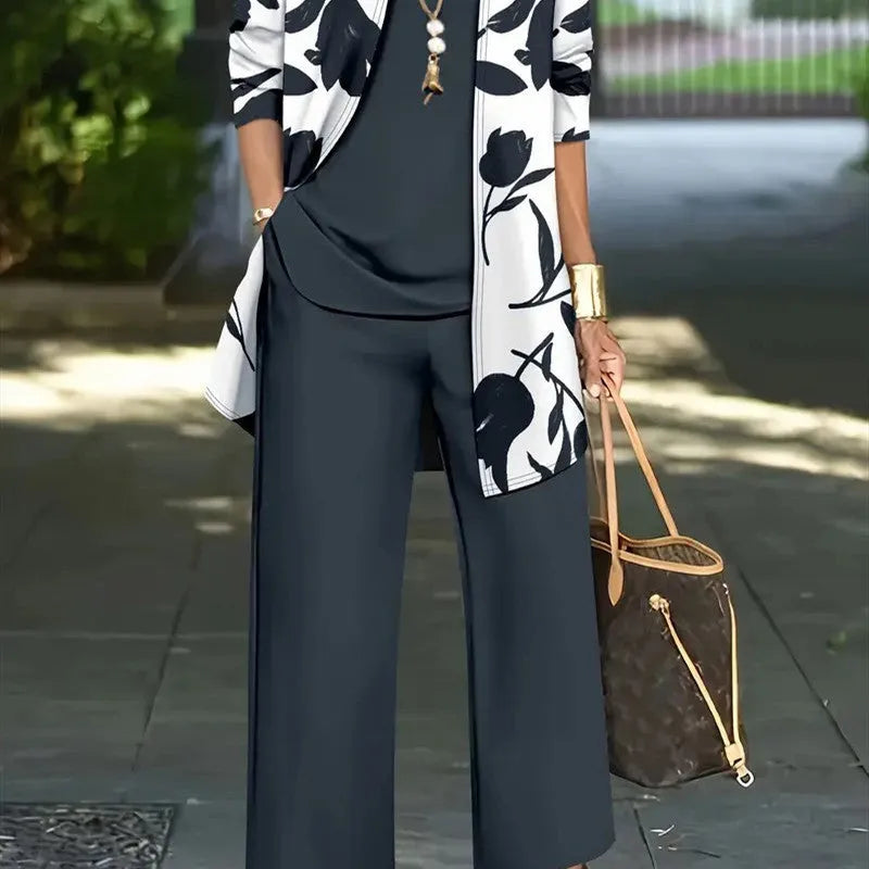 Women's three-piece casual suit in blue with coat, vest, and trousers, Japanese Korean style.