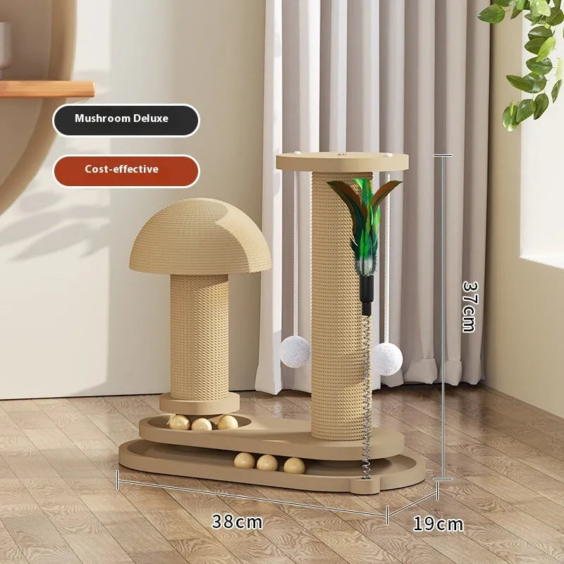 Solid wood cat scratching post with turntable and climbing frame in natural wood finish