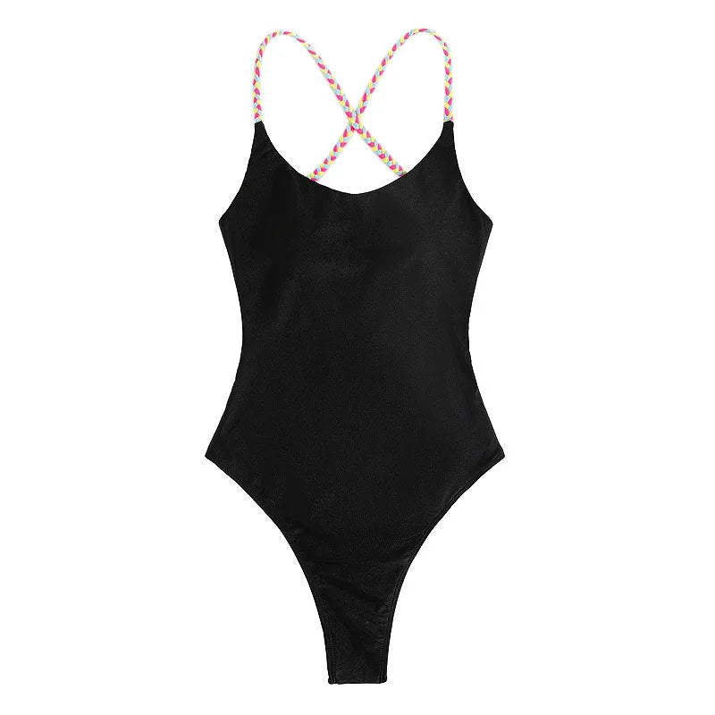 Black backless one-piece swimsuit for women made from nylon fabric.