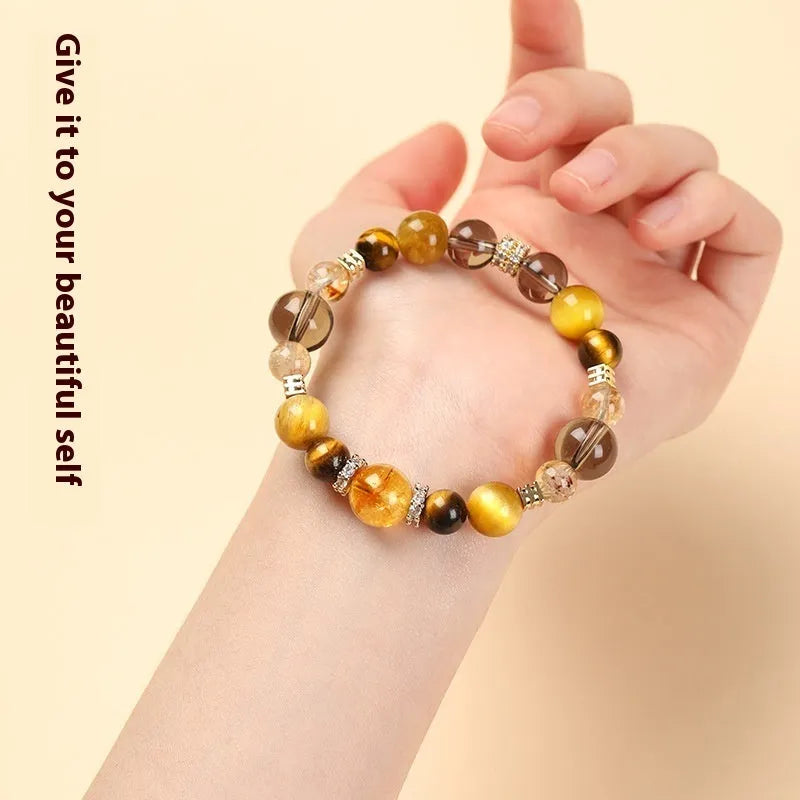 Lucky Jinba tiger-eye crystal bracelet showing geometric yellow beads in natural stone