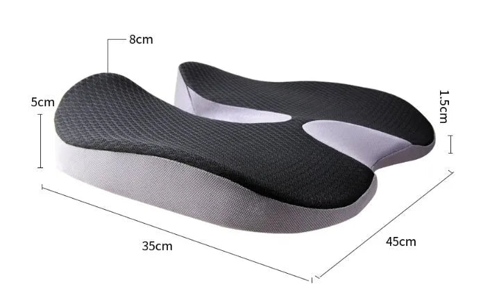 Curved bevel design seat cushion with memory foam core for tailbone support