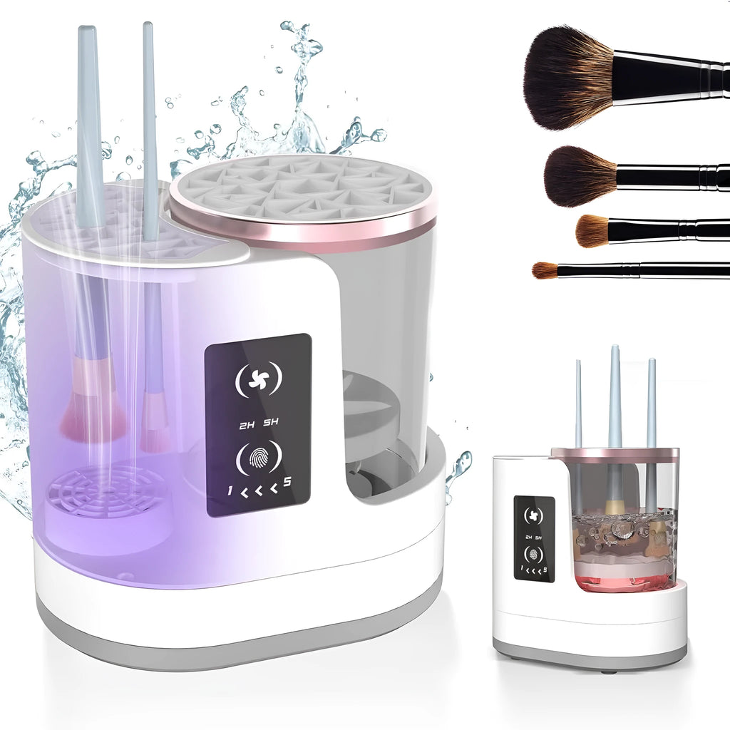 Electric makeup brush cleaner with drying chamber, 192x122x173mm, ABS PC TPE construction, timed cleaning and drying cycles