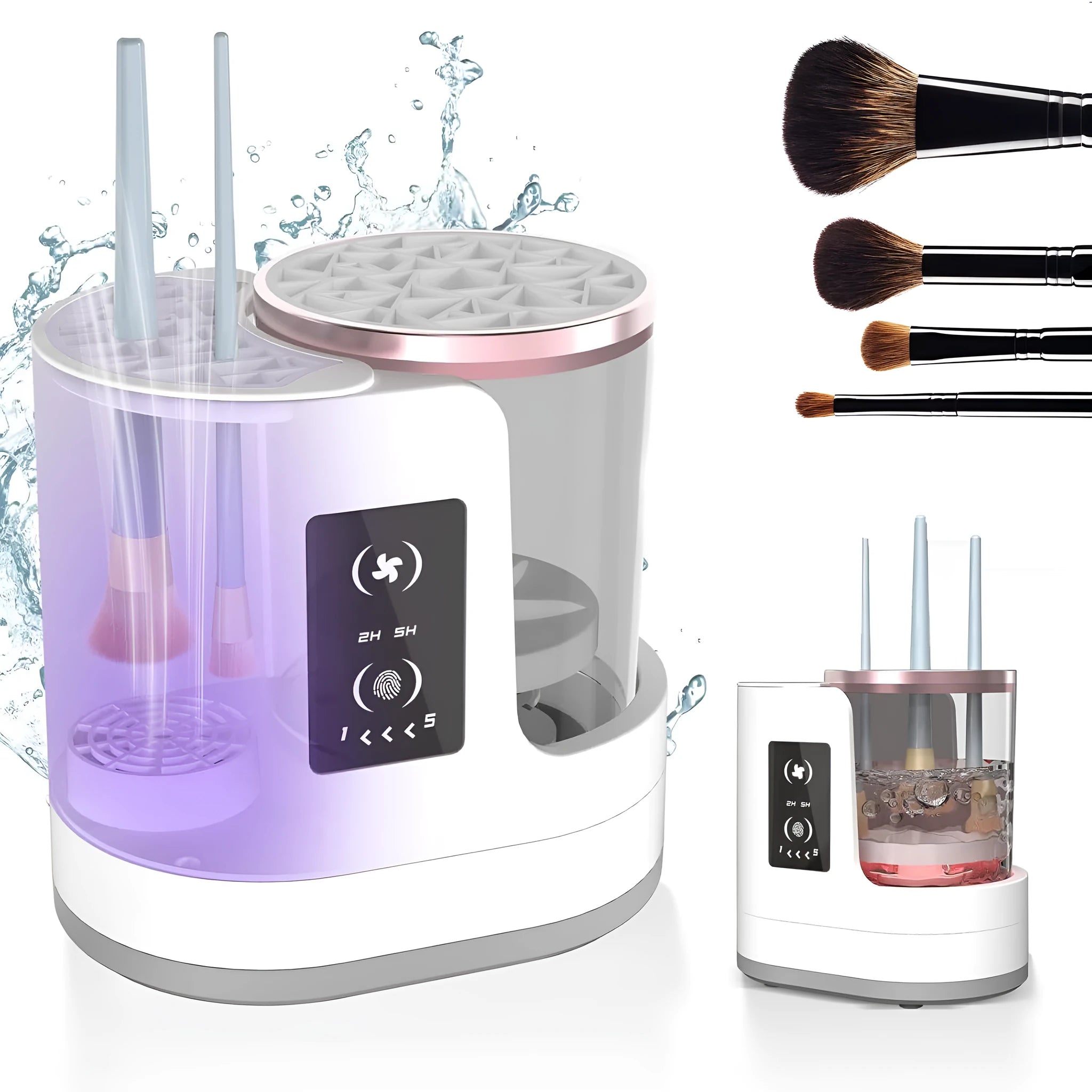 Electric makeup brush cleaner with drying chamber, 192x122x173mm, ABS PC TPE construction, timed cleaning and drying cycles