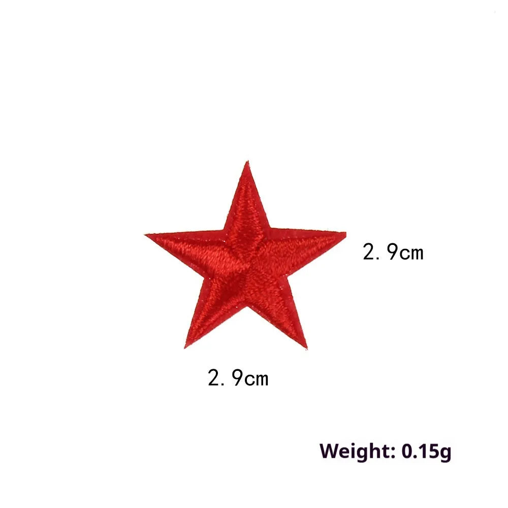 Colourful embroidered five-pointed star designs on cloth sticker labels for DIY clothing customisation.