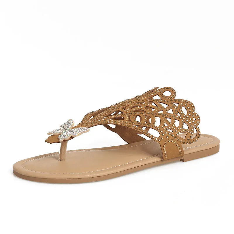 Women's black rhinestone flip-toe slip-on sandals with hollow design and flat rubber sole
