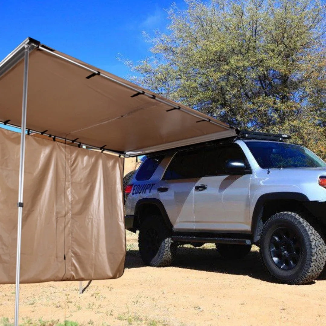 Single layer rainproof camping tent with aluminium poles shown in a size option, with optional side fabric.