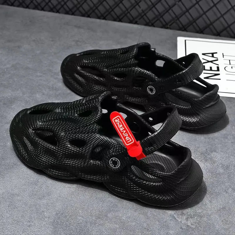 EVA foam coconut slippers with closed toe design and ventilation holes in grey colour