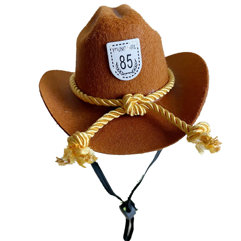 British cowboy-style hat for a cat on a mannequin head, showing brown colour with a black ribbon trim.