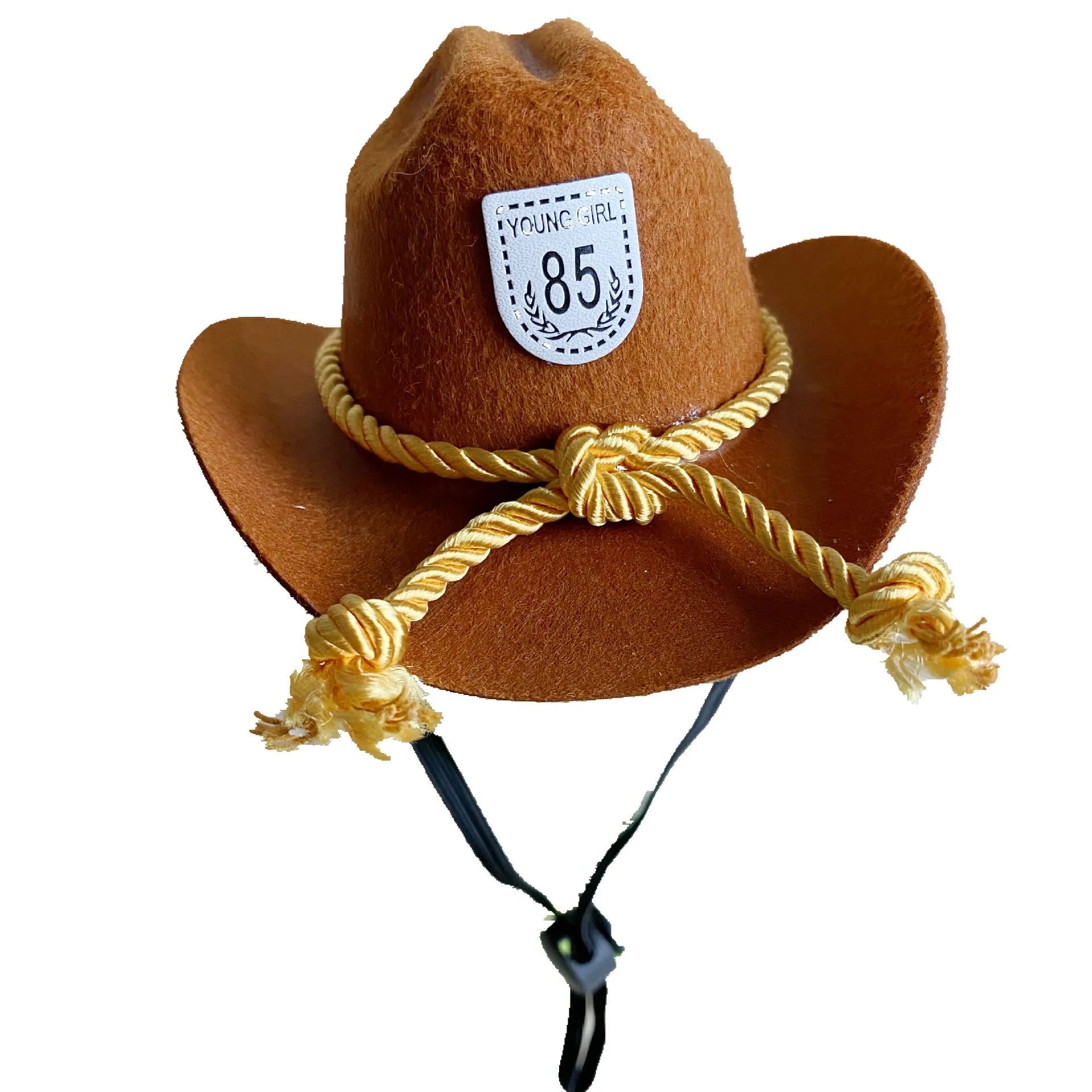 British cowboy-style hat for a cat on a mannequin head, showing brown colour with a black ribbon trim.