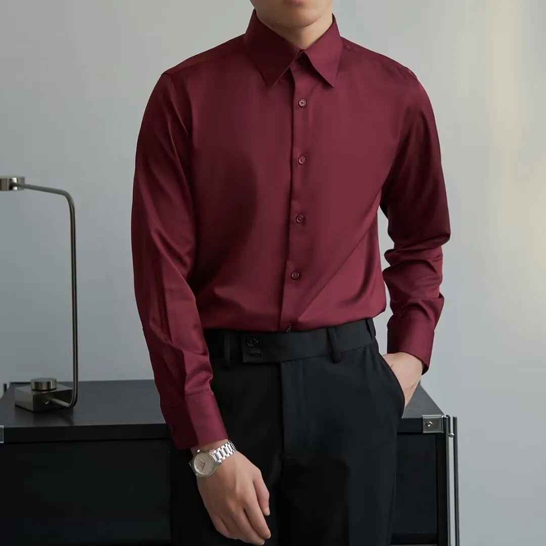 Black men's slim fit Korean style long sleeve cardigan shirt on a hanger