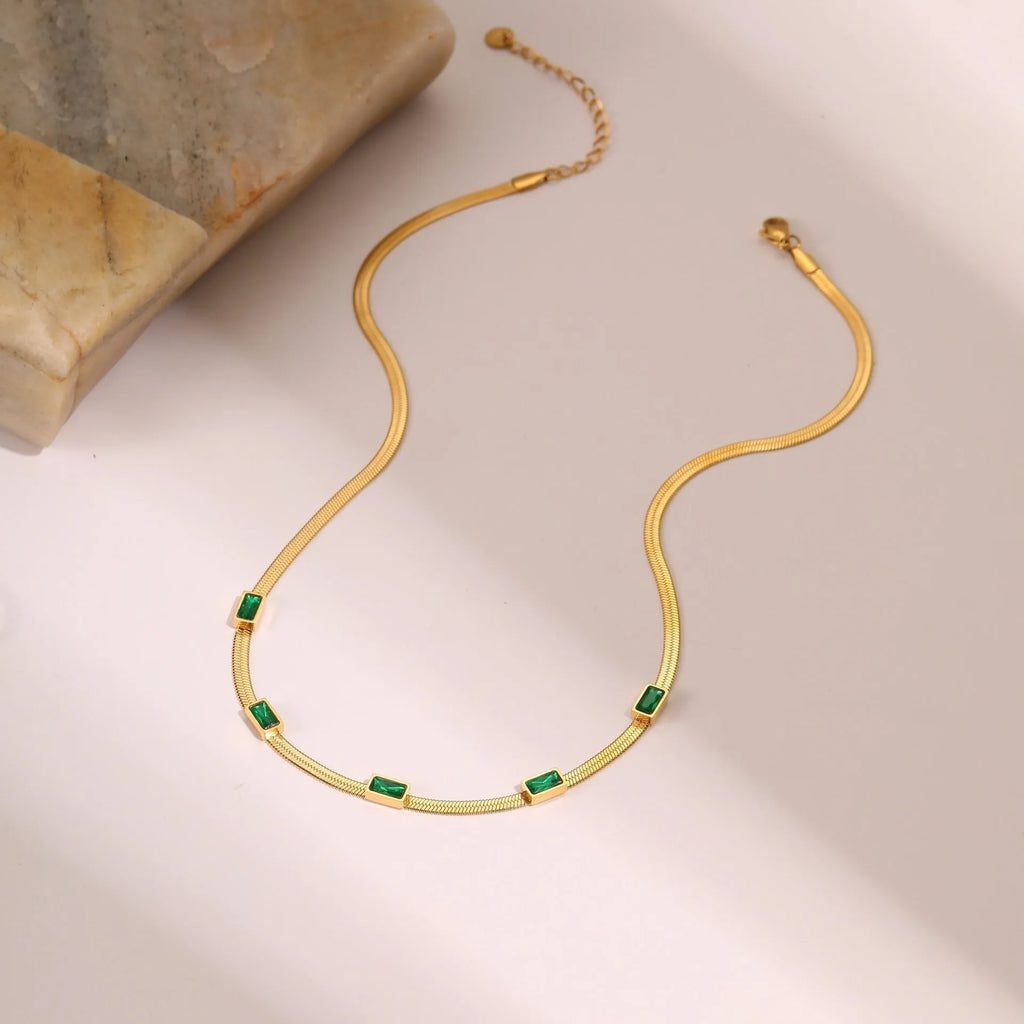 Geometric square zircon stainless steel necklace with flat snake chain in gold or steel colour