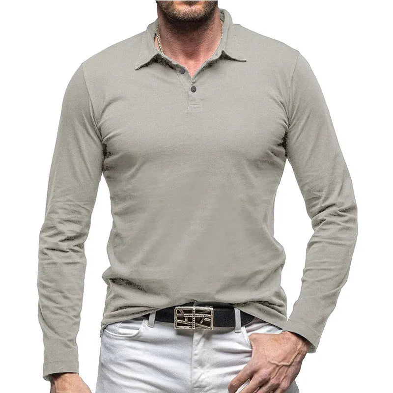 Men's polo collar long sleeve cotton T-shirt in American retro style, shown in dark grey.