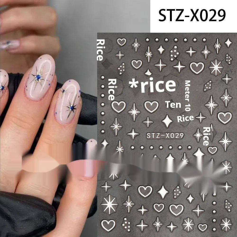 Sheet of black and silver stripe nail art stickers from a cartoon series for DIY manicures.