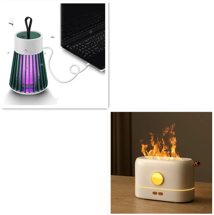 Black USB desktop humidifier with flame-effect LED light and 200ml water tank