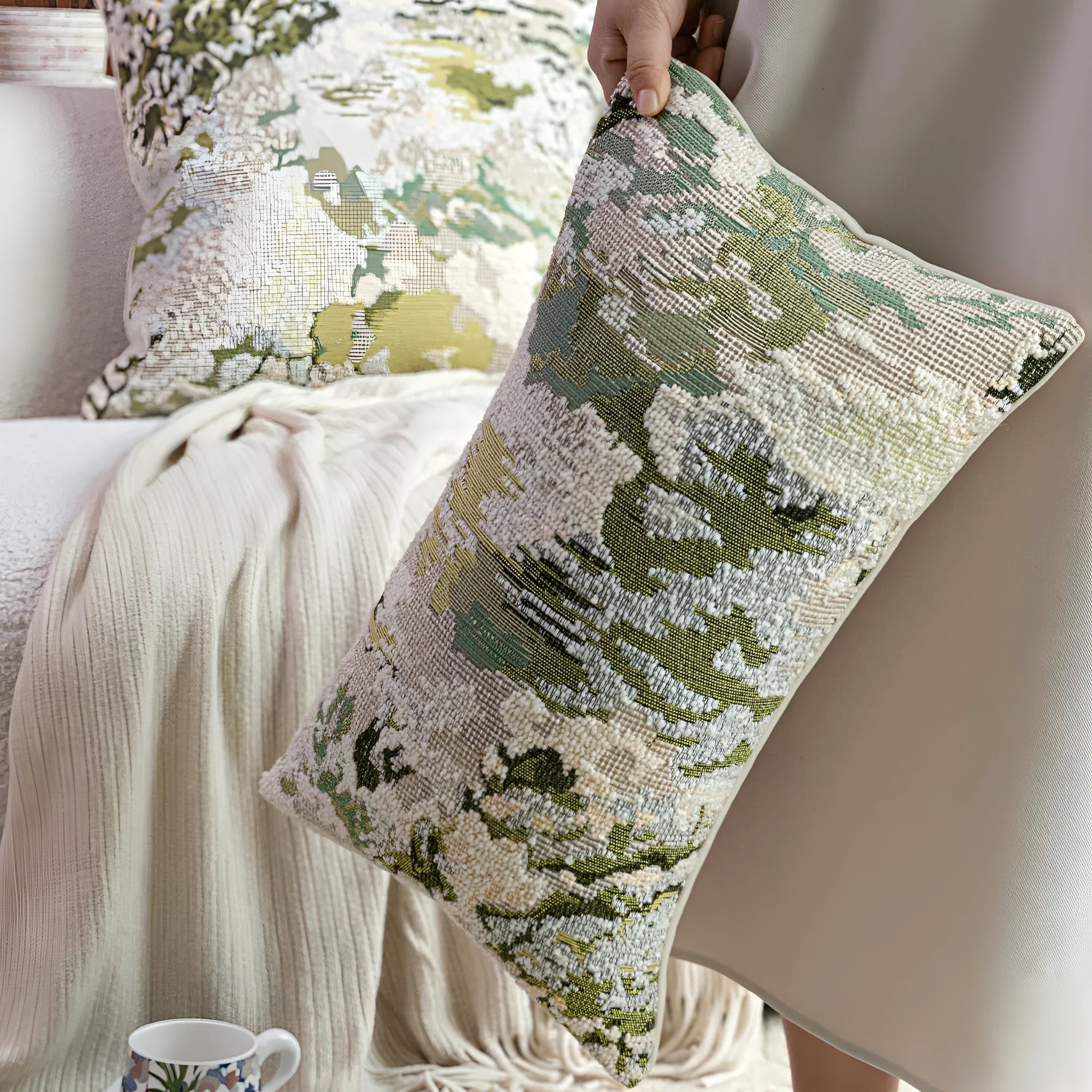 Abstract floral pattern pillow with French antique style in spring green wool blend feather velvet fabric