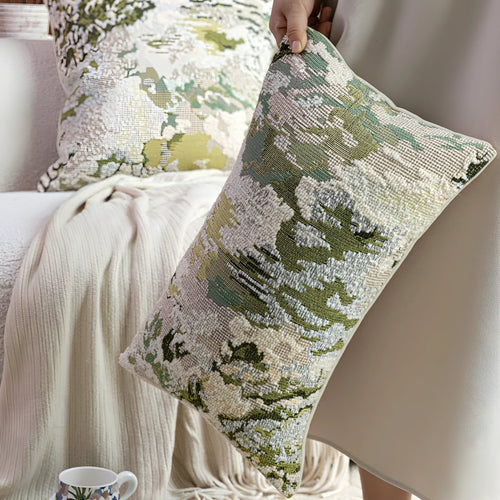 Abstract floral pattern pillow with French antique style in spring green wool blend feather velvet fabric