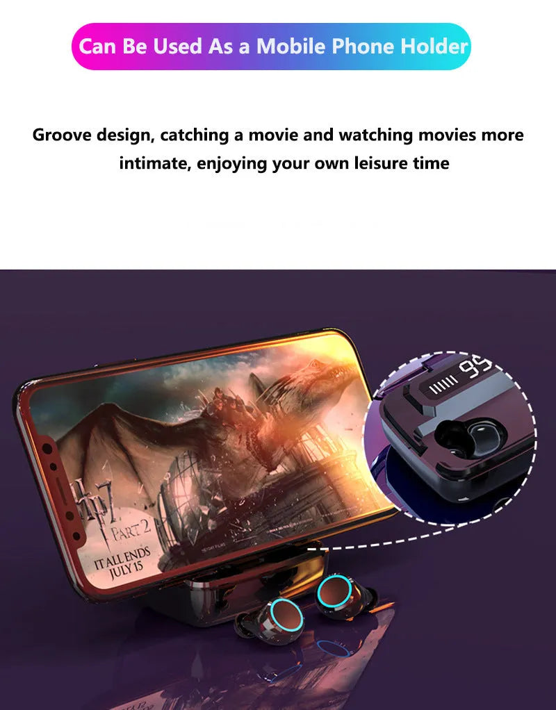Black M11 style Bluetooth wireless headset with digital display and mobile phone holder.